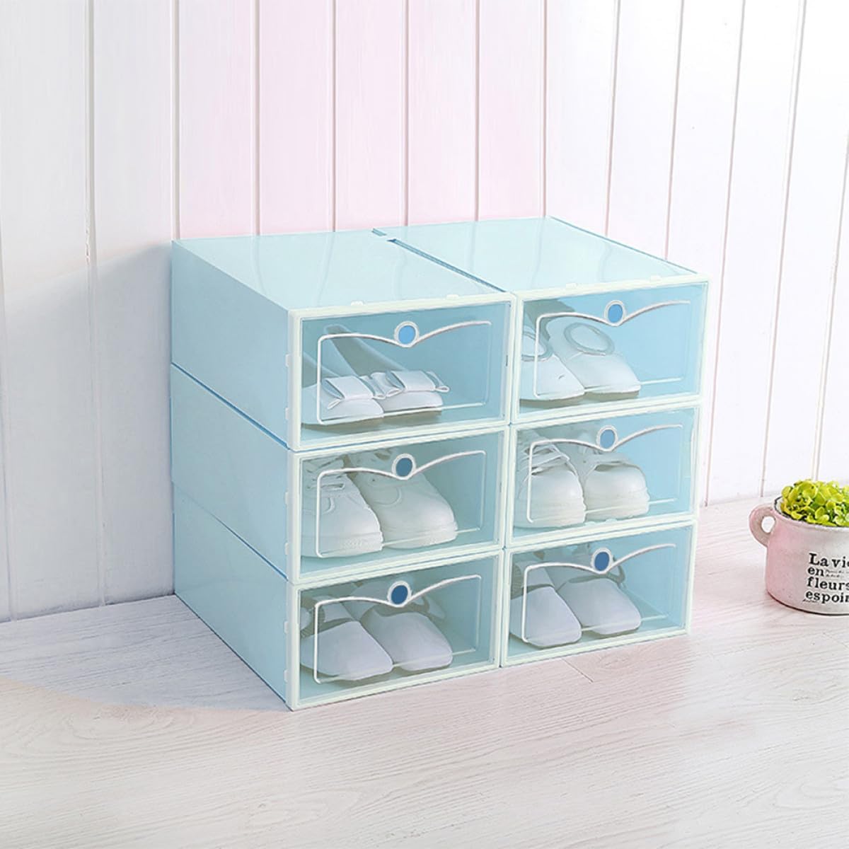 6pcs Stackable Plastic Shoe Boxes Large Size Blue Thickened Shoe Storage Containers for Closet Organization