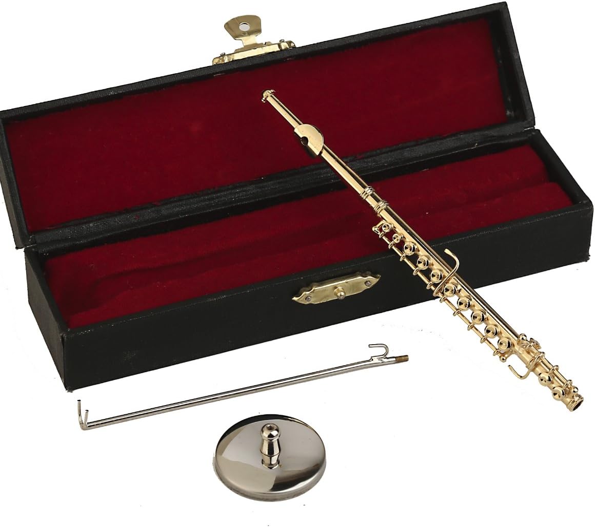 Miniature Flute with Stand and Case Mini Musical Instrument Replica Collectible Dollhouse Accessories Model Home Decoration (Gold, 5.39")
