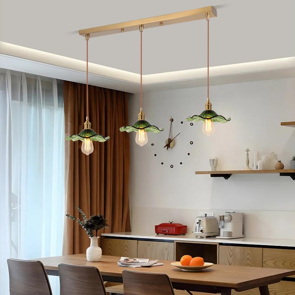 Lámpara colgante con 3 lámparas de techo de cristal verde, flores E27, regulable en altura, suspensión de mesa de comedor para salón dormitorio cocina