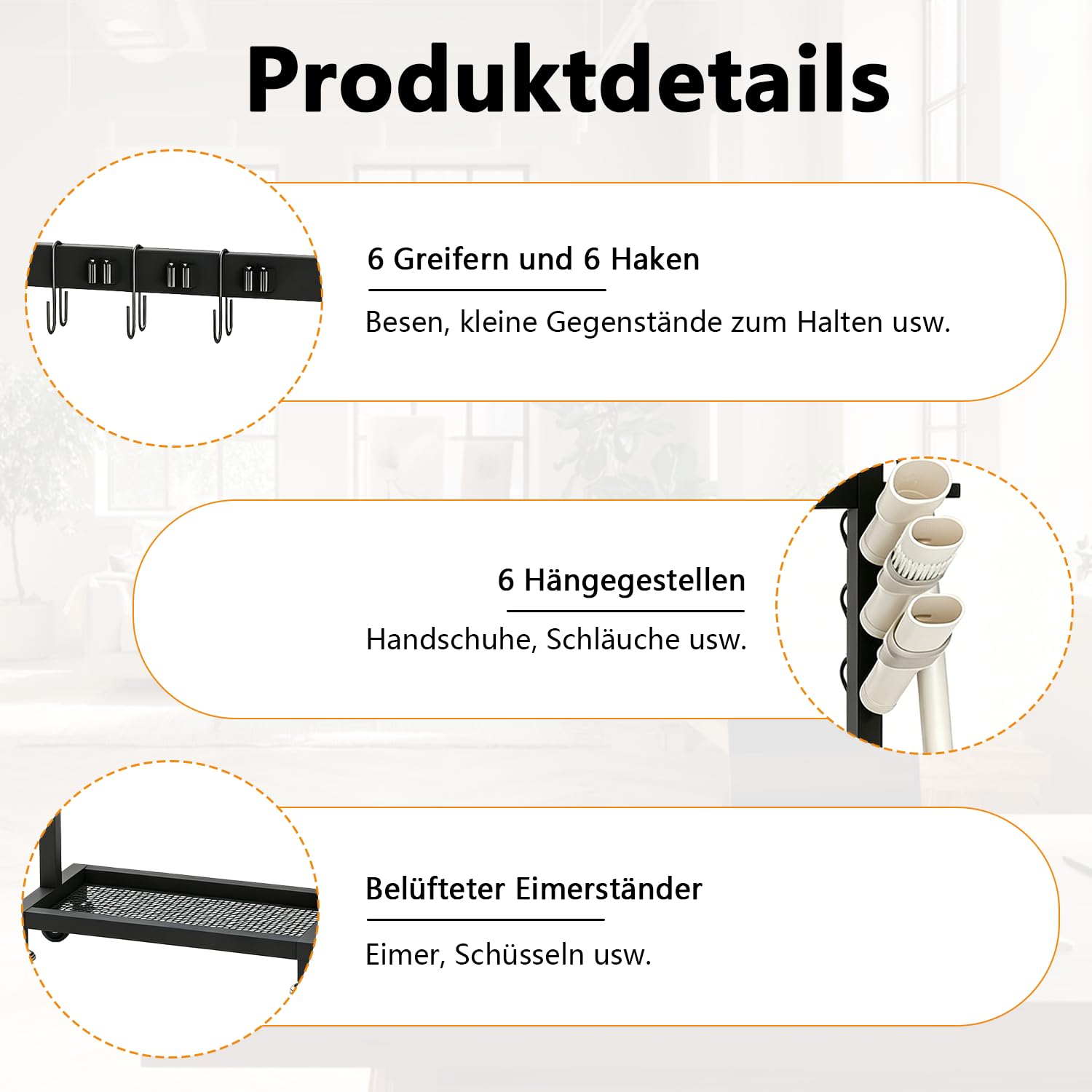 Besenhalter mit Ablage für Reinigungsutensilien, Besenhalter auf Rollen, Halter für Besen und Mopps, Reinigungswagen mit 6 Mopp-Haken, inklusive 3 Doppelhaken, Tragkraft 68 kg