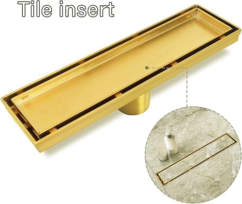 Miniatura 7 de Neodrain Drenaje lineal dorado de 12 pulgadas, cubierta plana y de inserción de azulejos 2 en 1, drenaje lineal de acero inoxidable, drenaje
