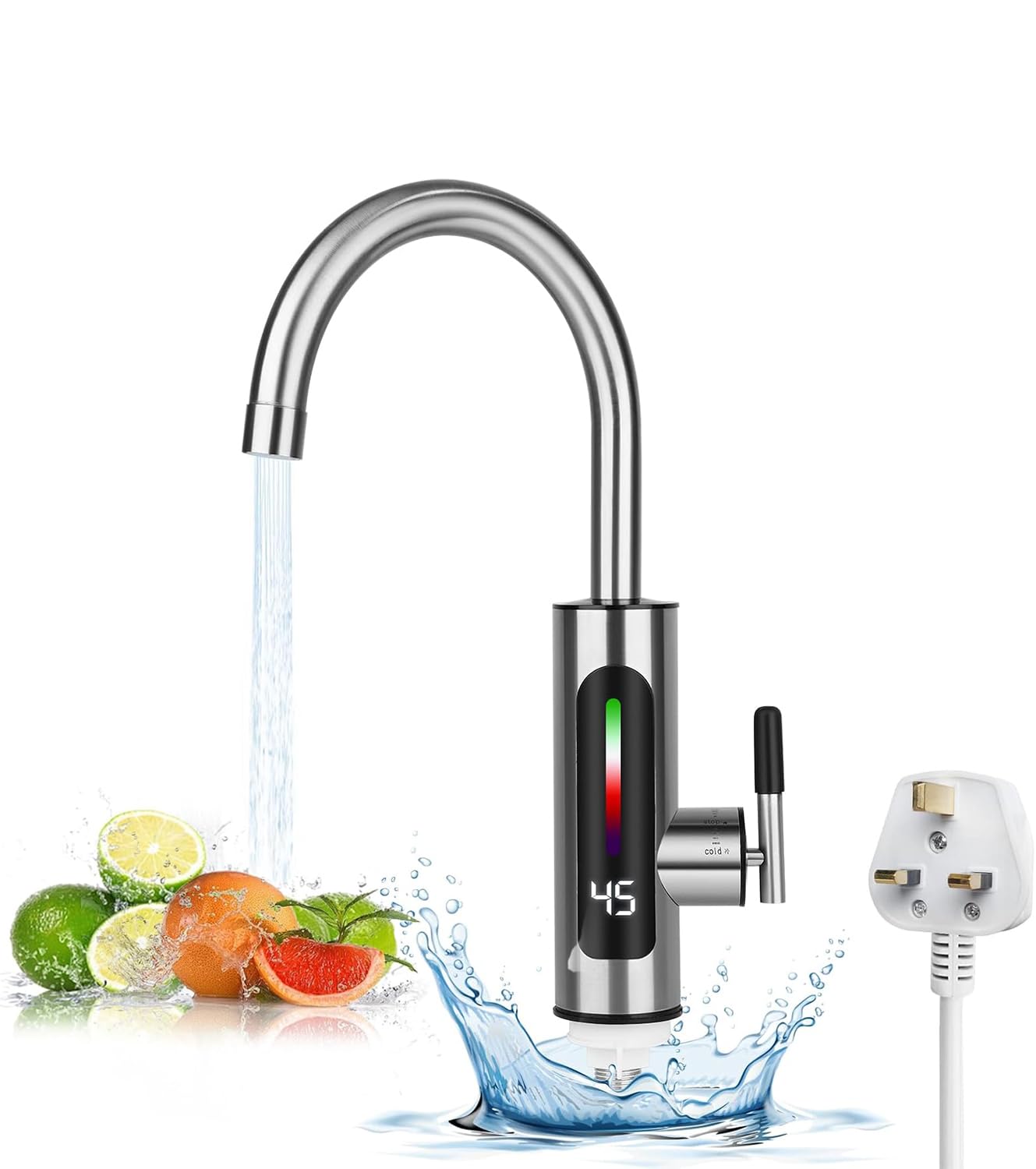 Instant Hot Water Tap, 220V 3000W Electric Hot Water Heater Tap, Stainless Steel Electric Hot and Cold Mixer Water Taps with Digital Display for Kitchen Bathroom Washroom, UK Plug
