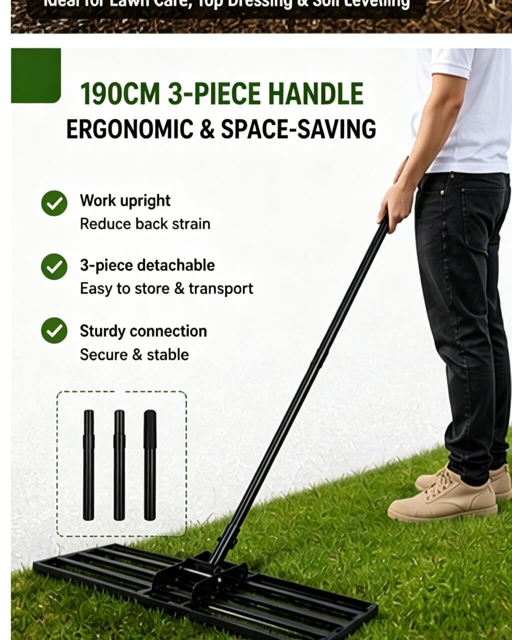 Rasen Rakel 90×30 cm mit 190 cm 3-teiligem Stiel, 6 kg Stabiler Gardena Nivellierrechen mit abgerundeten Kanten, ideal für Rasenpflege, Topdressing und Rasenabziehen