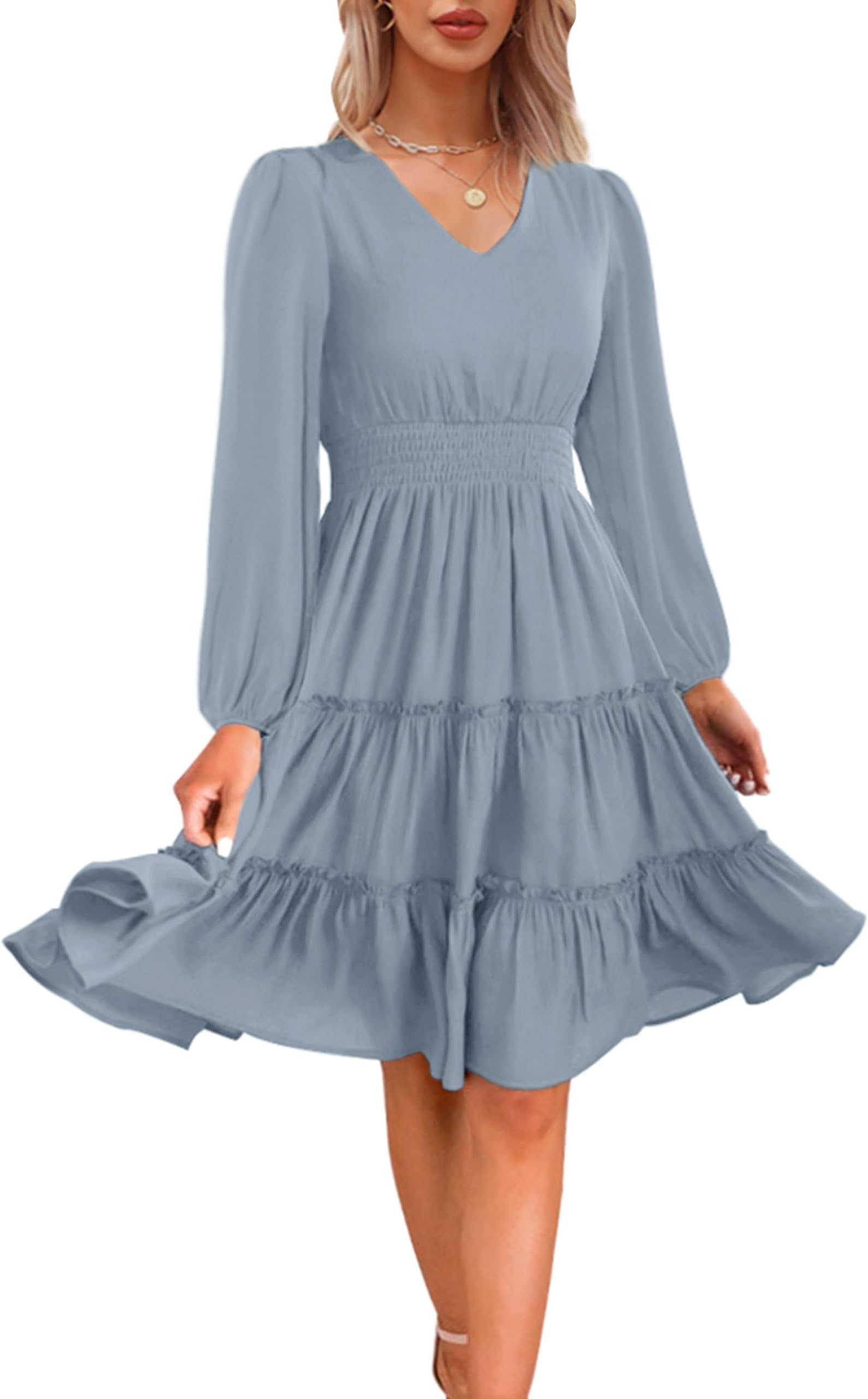 ZattcasWomen 2024 Long Sleeve Fall Dress V Neck Smocked Waist Casual Flowy A Line Tiered Work Midi Dresses