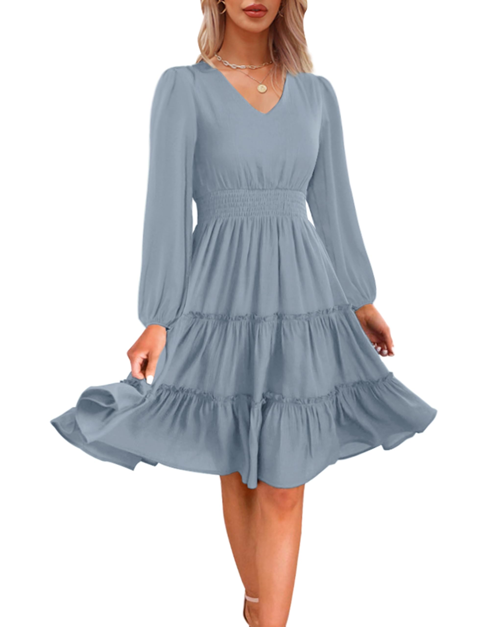 ZattcasWomen 2024 Long Sleeve Fall Dress V Neck Smocked Waist Casual Flowy A Line Tiered Work Midi Dresses