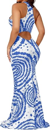 EDITCOZY Women Sexy Bodycon Maxi Dress Tie Dye Beach Summer Dresses Halter Backless Vacation Long Sundress