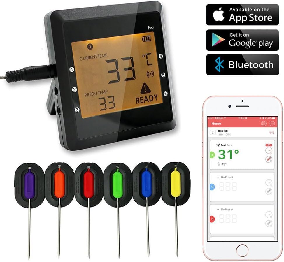 Digital Kitchen Cooking Thermometer, Lnkey Shop Bluetooth Meet Thermometer with 6 Probes Temperature Sensor, with iOS & Android Smartphone APP System Control, for Roasting, Grill, BBQ and Baking