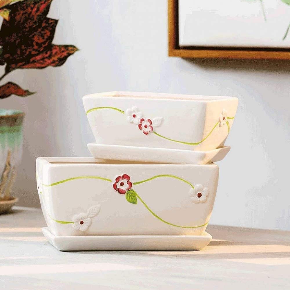 Ceramiczna doniczka, doniczki, 2 prostokątne doniczki, zestaw doniczek, białe ceramiczne soczyste doniczki doniczkowe, rodzinne pojemniki na rośliny doniczkowe