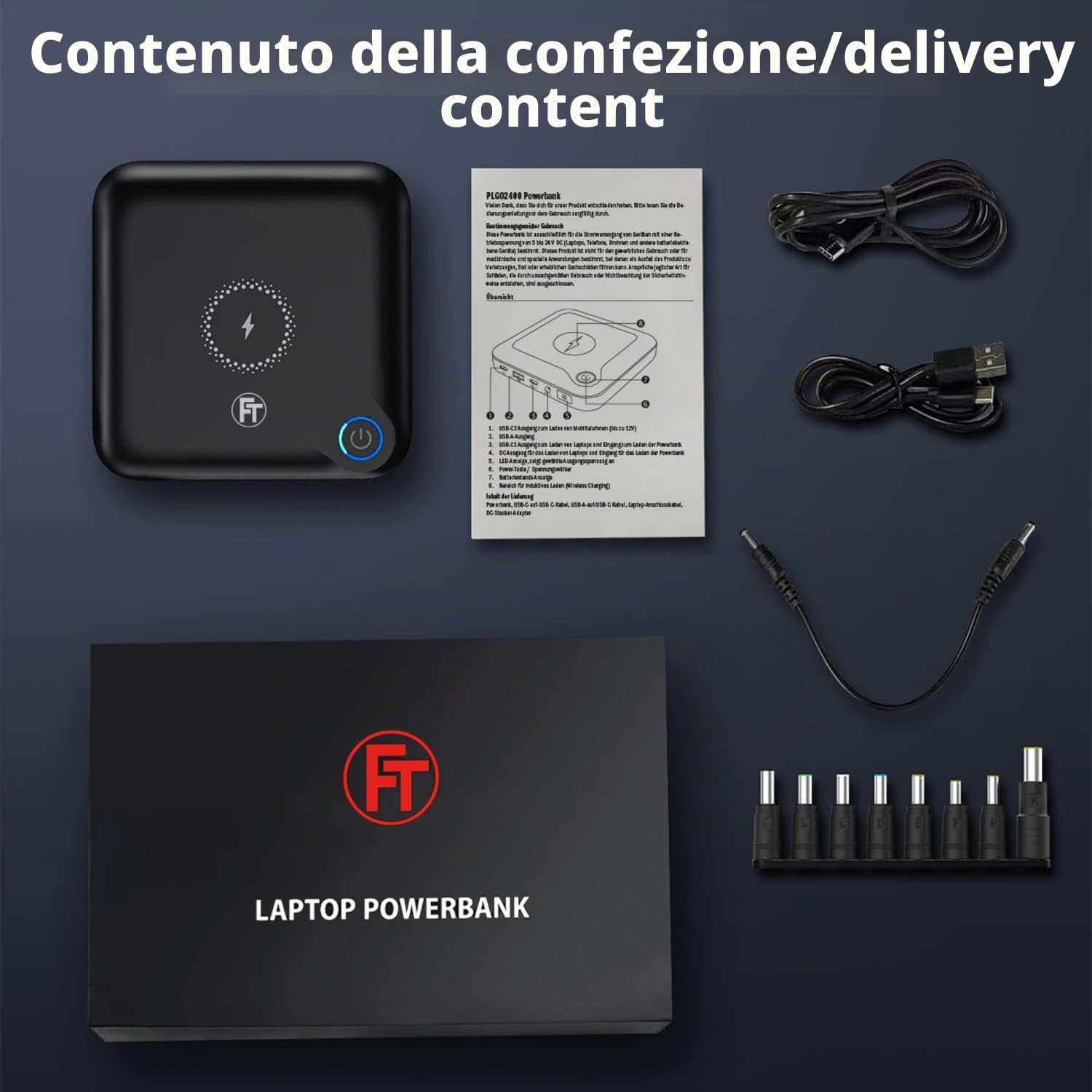 FeinTech PLG02400 - Powerbank 60 W PD USB-C e DC per notebook, MacBook, iPad, tablet, smartphone, fotocamera, Nintendo Switch, 10 W Wireless Charging, 88 Wh, 24000 mAh, 122 x 122 x 28 mm