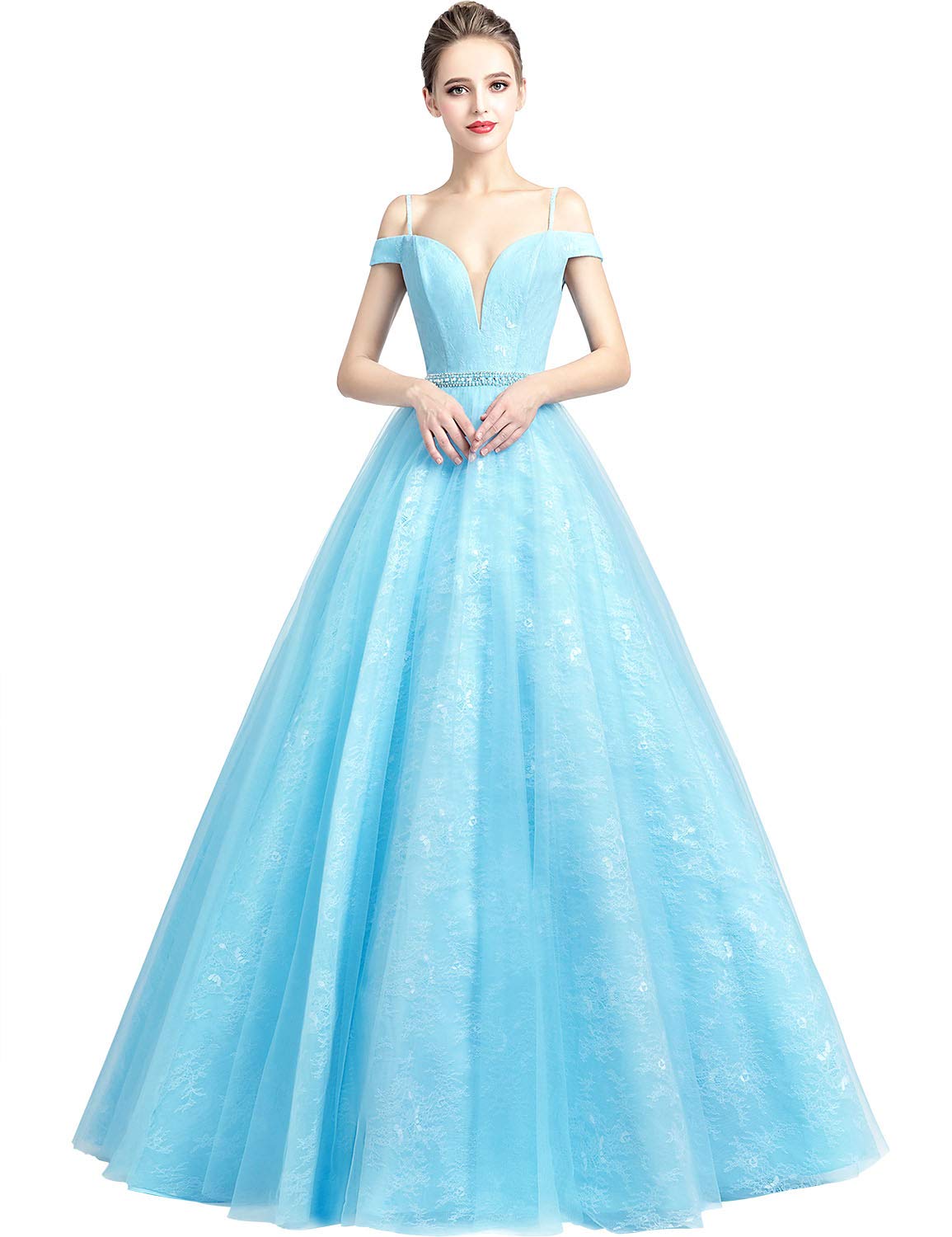 SarahbridalWomen's Lace Tulle Prom Evening Dress 2022 Long Off Shoulder Pageants Party Gowns