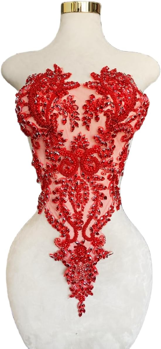 Handmade red Rhinestones Bodice lace Applique Hand Sewing Beaded Sequins Trim Patches for Dress Clothes Skirts Multiple Design Styles Accessories (G)
