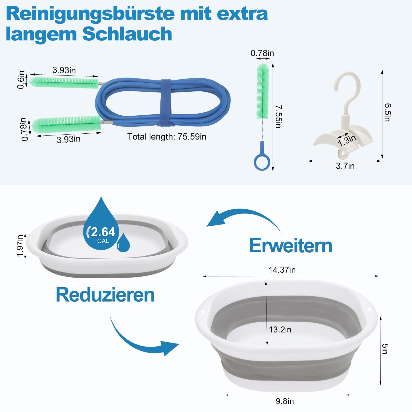 9-teiliges CPAP Reinigungsset – Schlauchtrockner mit 10 Geschwindigkeitsstufen, faltbare 8,3L Waschschüssel, 2,1m Schlauchbürste, Maskenbürste & Doppel-Halter – Kompatibel mit 15mm & 22mm Schläuchen