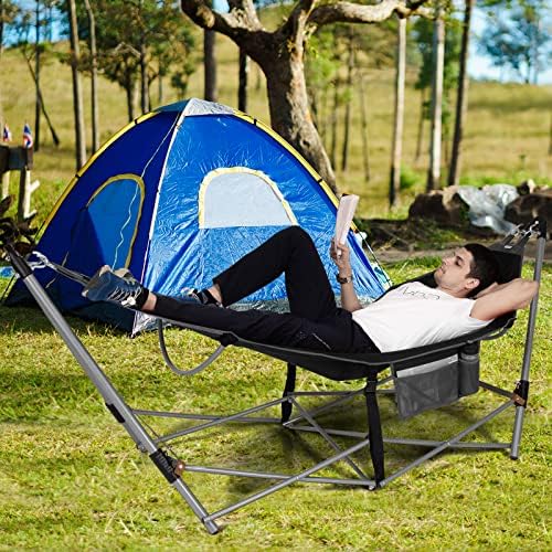 COSTWAY Folding Hammock with Metal Stand, Carrying Bag, Anti-Slip Buckle and Storage Pocket, Portable Travel Lounge Camping Bed, Outdoor Garden Patio Swinging Hammock (234 x 83 x 89cm, Black)