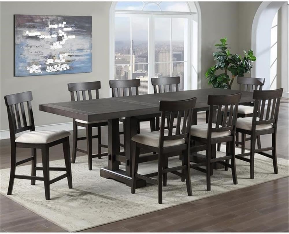 Pemberly Row 9-Piece Counter Height Dining Set, Dusky Cedar Brown Finish, Solid Wood and Upholstered Chairs, Plank-Effect Table with Double Pedestal Base, Expandable to 108 in, Farmhouse Style Dining