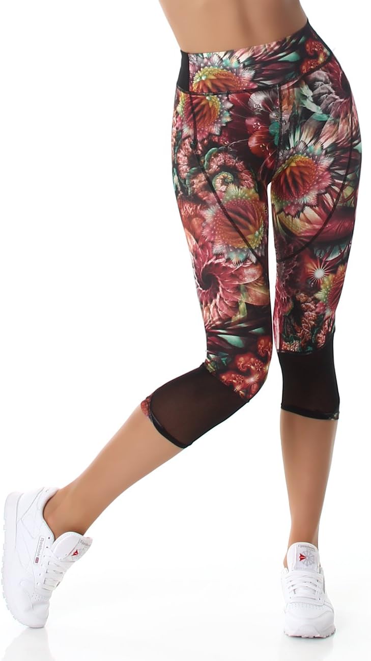 Sport Leggings Women's Capri Running Pants (knee 3/4 length, high-waist / high waist) Sport pants Jogging Leggings Summer trousers colorful patterned (M-L, Color floral)