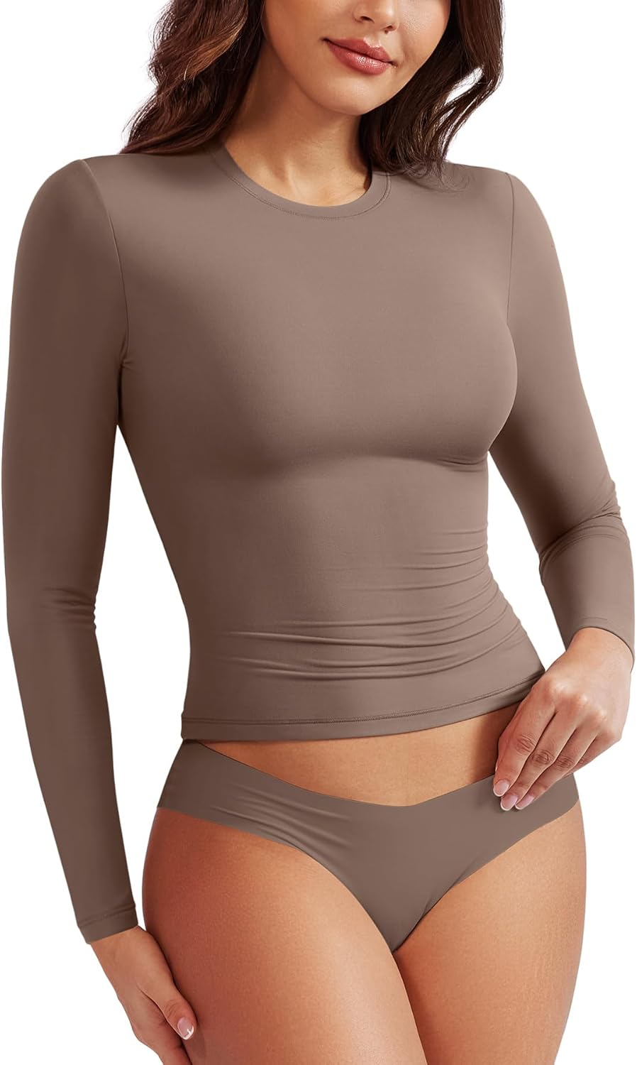 VOYJOY Women Slim Fit Long Sleeve T Shirts Crew Neck Double Lined Fitted Basic Crop Top Sexy Trendy Going Out Top