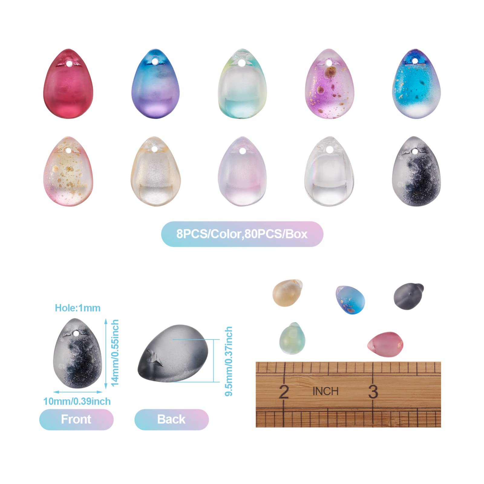 PandaHall 80pcs Teardrop Glass Charms Two Tone Water Drop Crystal Loose Beads Glass Drop Charms for DIY Necklace Earring Jewelry Making - Image 3