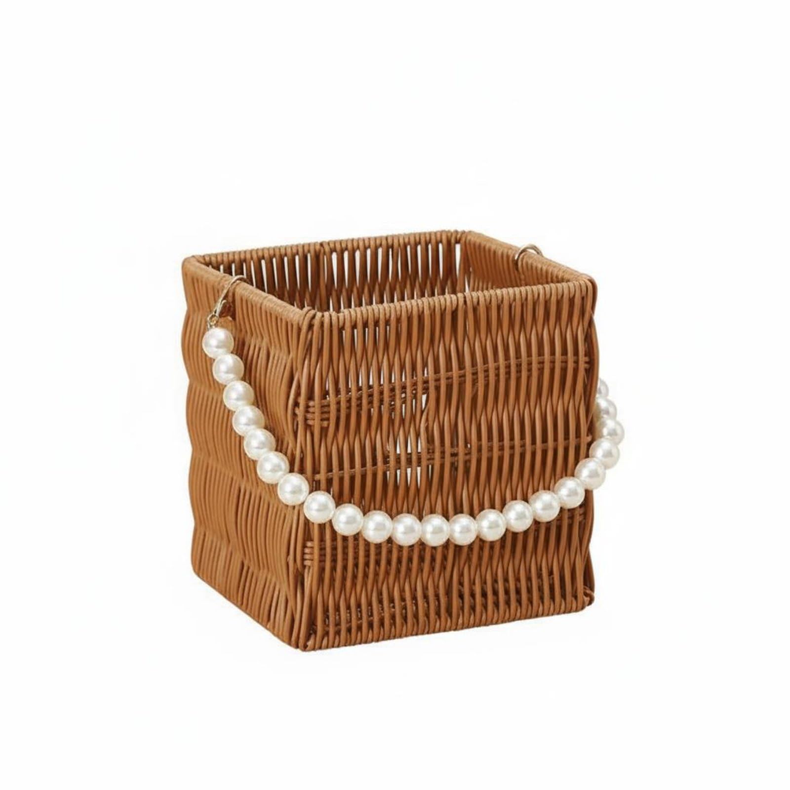 Multi-Purpose Rattan Design Flower Basket Multifunctional Woven Basket Pearl Handle Artisanal Pearl Handle Storage Bin Elegant Design for Party Decor, Wedding, 15-15-14.5cm, Square-image-29