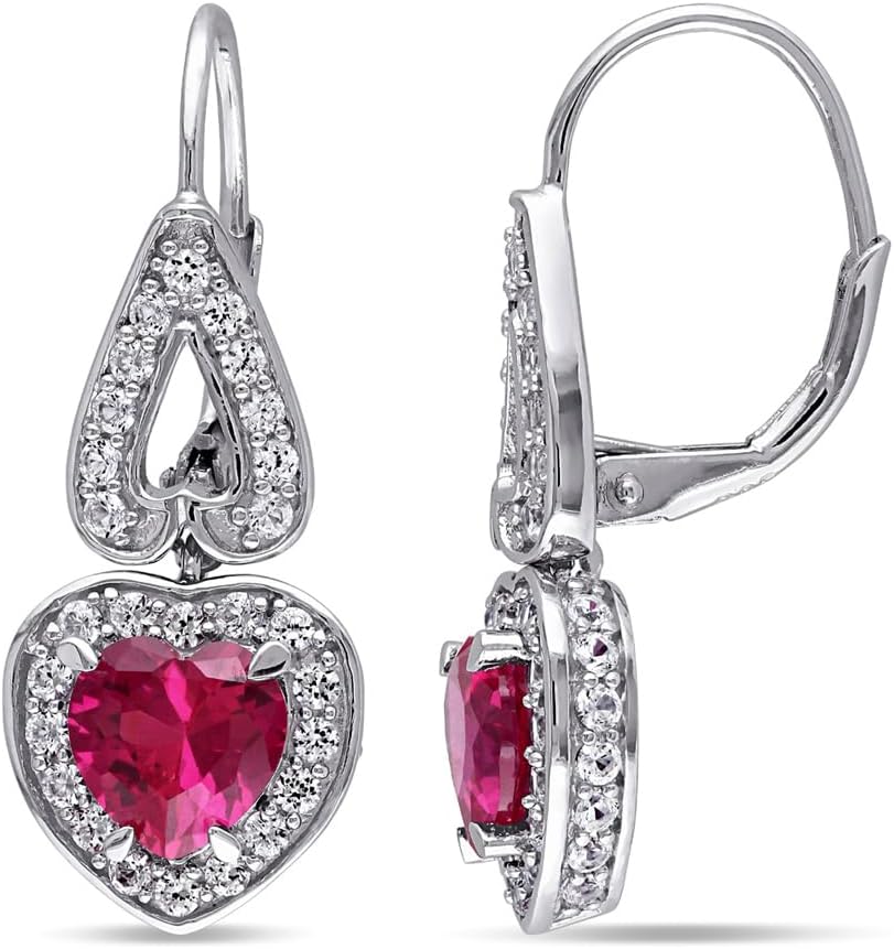 4.94 Carat (ctw) Lab Created Ruby and White Sapphire Dangle Heart Earrings in Sterling Silver