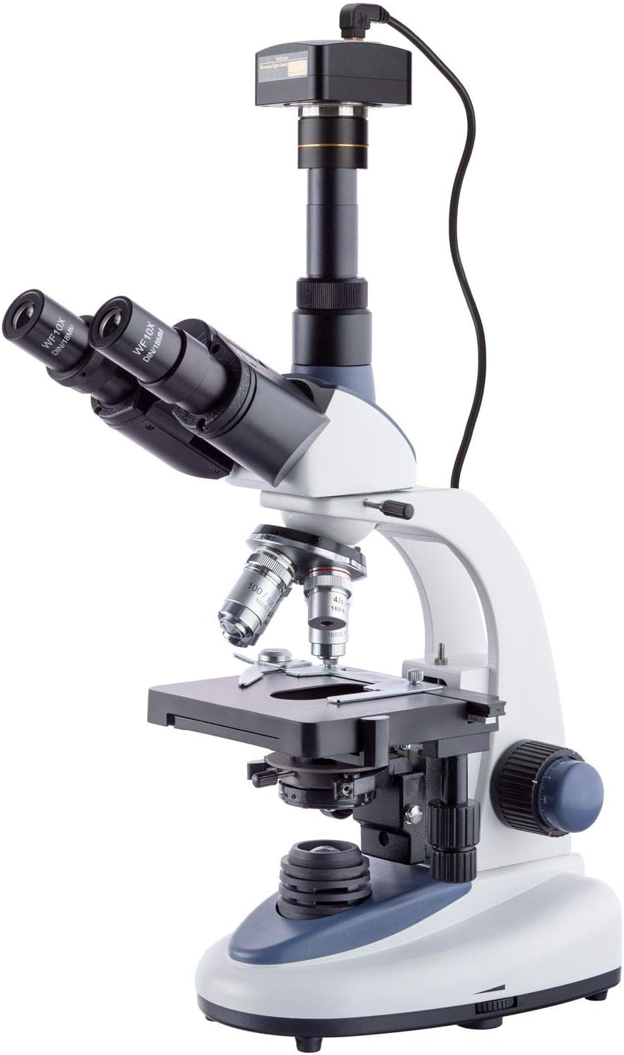 AmScope T380C-10M Digital Professional Compound Trinocular Microscope, 40X-2500X Magnification, WF10x and WF25x Eyepieces, Brightfield, LED Illumination, Abbe Condenser, Double-Layer Mechanical Stage, 85-265V Wide-Voltage Power Supply, Includes 10MP Camera with Reduction Lens and Software