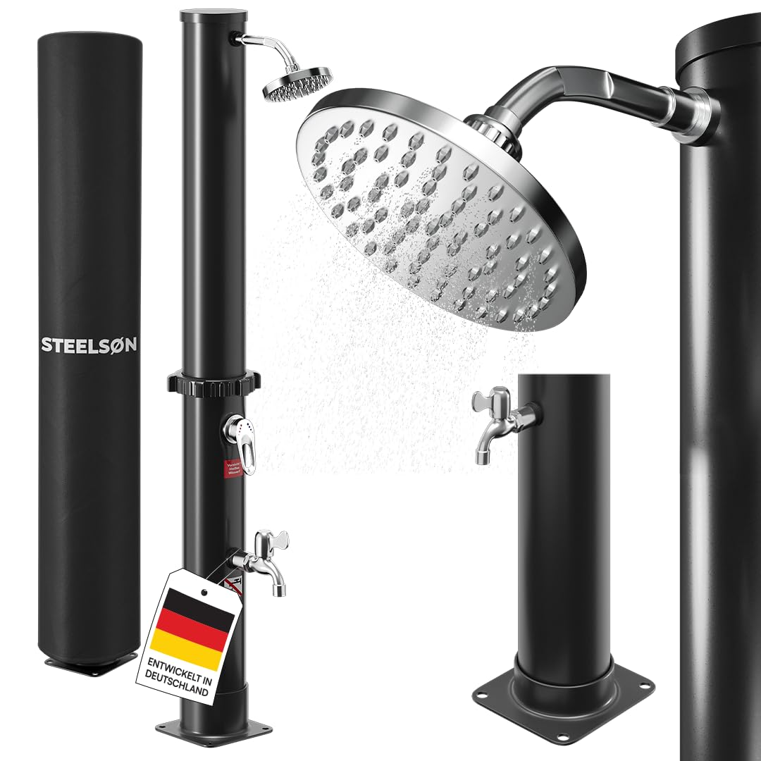 STEELSØN Velion Solardusche Garten 20 L – Solar Gartendusche Winterfest – Außendusche 60° schwarz – Pooldusche mit Fußdusche & Regenduschkopf – Campingdusche inkl. Gartenschlauch-Anschluss & Cover