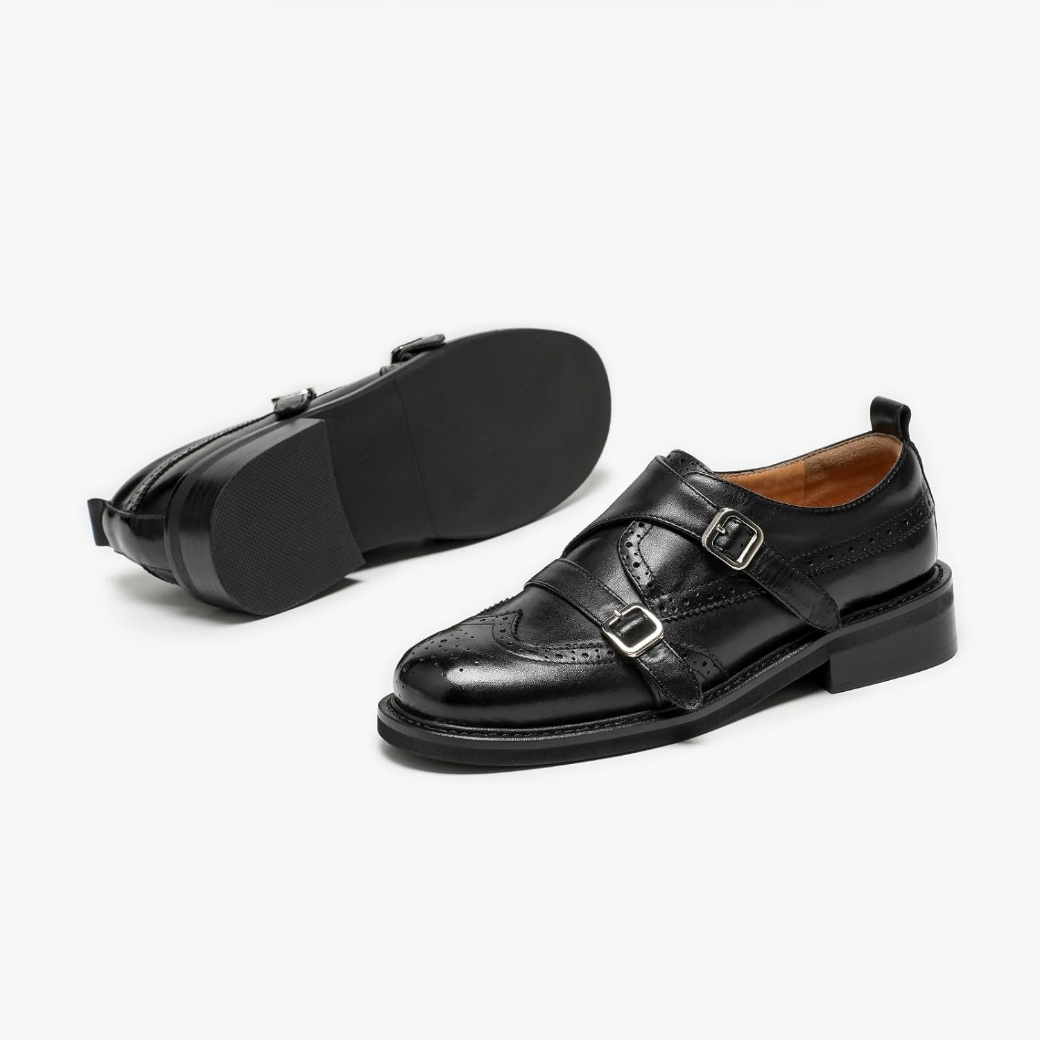 BEAU TODAY Women's Leather Loafers, Monk Strap Loafers Women, Dressy Round Toe Loafer Flats, Comfortable Business Casual Brogue Shoes - Image 7