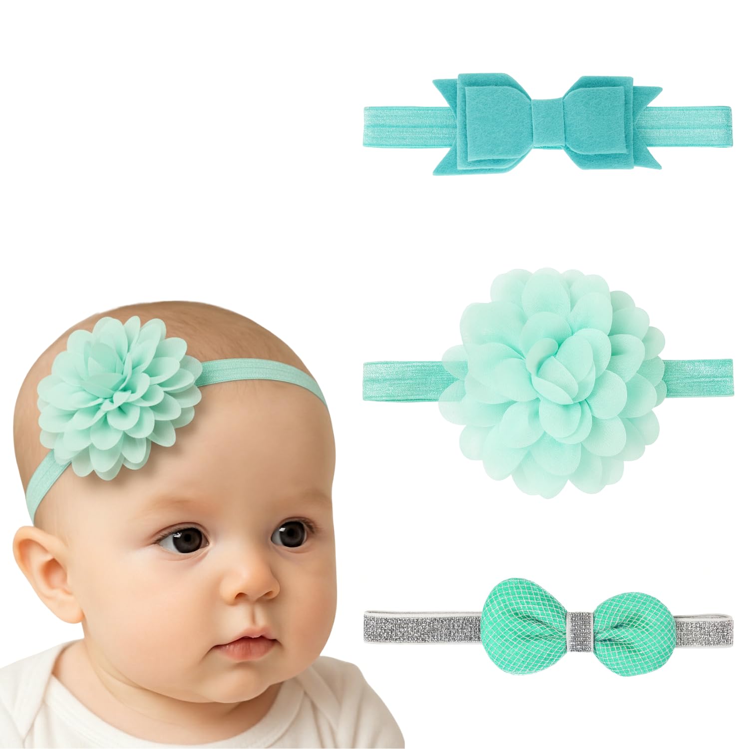 ANNA CREATIONS 3 Pcs Baby Headbands for Baby Girl & Boy, Soft Stretchy Hair Bands with Flower and Bow Design, Comfortable and Cute Hair Accessories for Newborn, Infant and Toddler Babies (Multicolor-3)-image-41