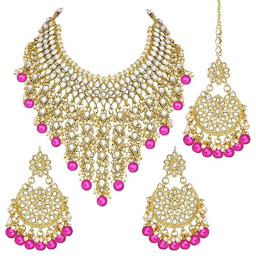 Image of Peora Kundan & Beads Studded Necklace Earrings & Maangtikka Set Ethnic Jewellery for Women & Girls