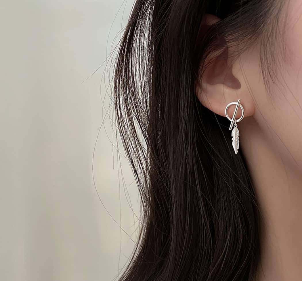 SLUYNZ 925 Sterling Silver Bar Dangle Earrings for Women Feather Drop Earrings Circle Studs