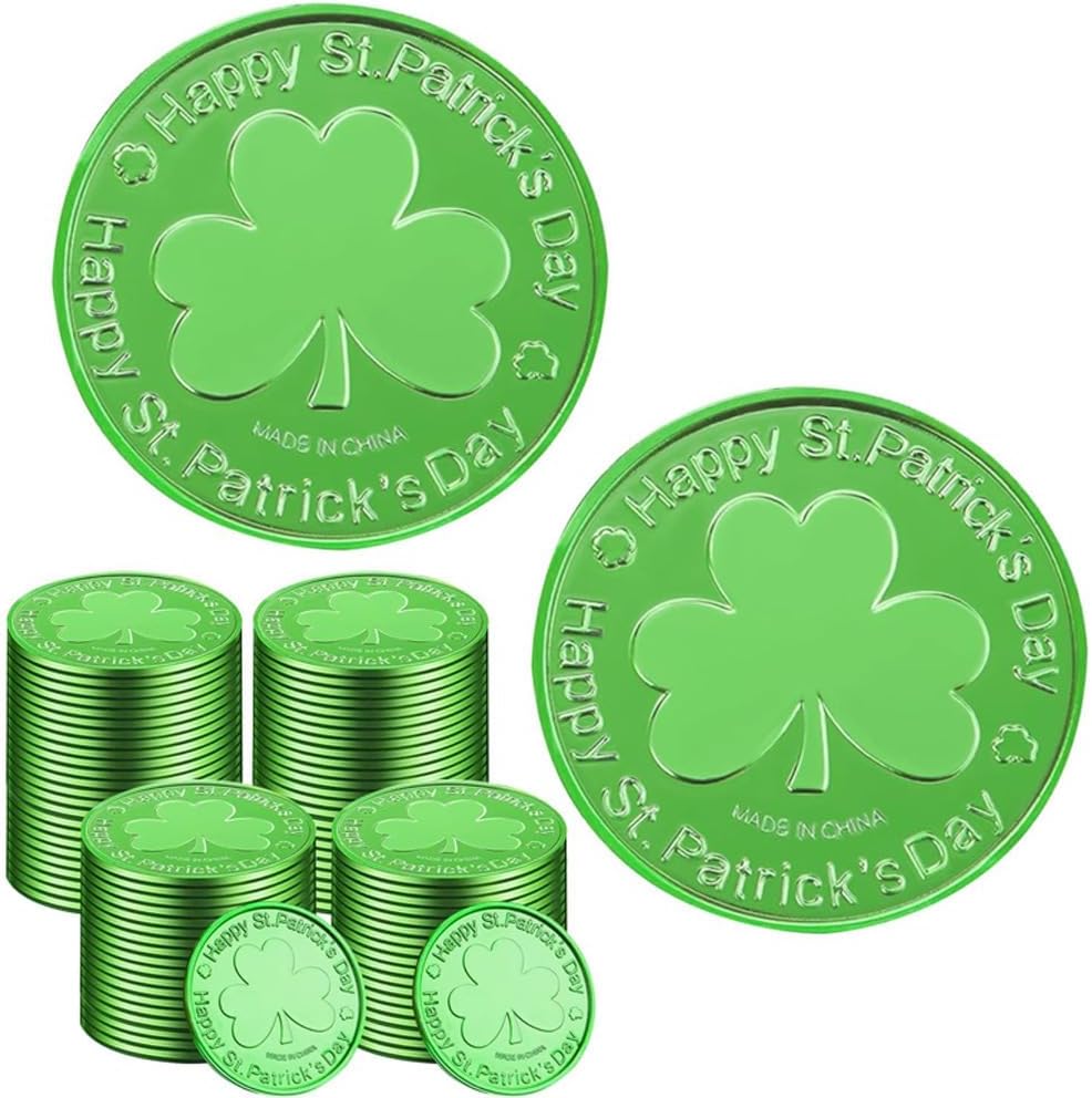 120pcs St Patrick’s Day Gold Coins with confetti Shamrock Irish Plastic Lucky Coins Leprechaun Coin For St. Patrick's Day Decorations Table Decoration Green Gold
