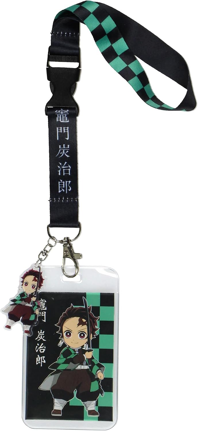 Demon Slayer Checkerboard Design Wrist Lanyard with ID Card and 2" Plastic Tanjiro Kamado Charm for Keys Keychain Wallet