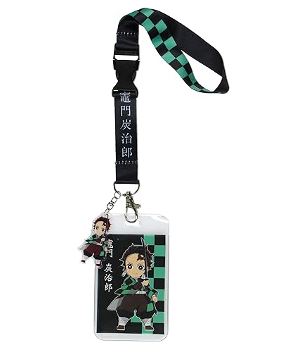 Demon Slayer Checkerboard Design Wrist Lanyard with ID Card and 2" Plastic Tanjiro Kamado Charm for Keys Keychain Wallet