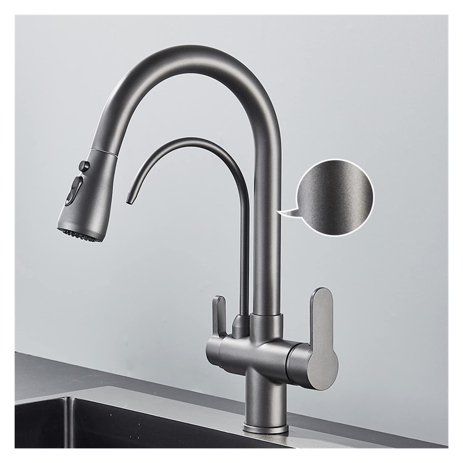 ZQFHSX Matte Black Kitchen Faucet with 360° Rotation PullOut Spray ThreeWay Water Filter Tap Stylish AGun Grey Sink Mixer Perfect for Modern Kitchens