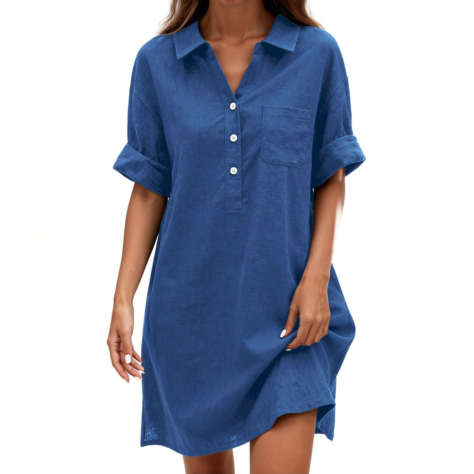 Vestido de lino para mujer, espalda descubierta, vestido de espagueti, largo hasta la rodilla, ligero y aireado, vestido de playa, elegante, cuello camisero, vestido informal, con botones