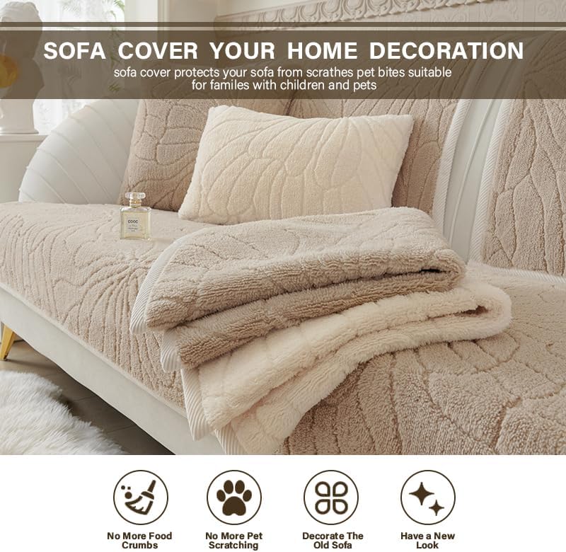 Miniatura 5 de Funda de sofá de felpa gruesa súper suave, funda de cojín de color liso, funda de sofá seccional en forma de L, protector antideslizante para