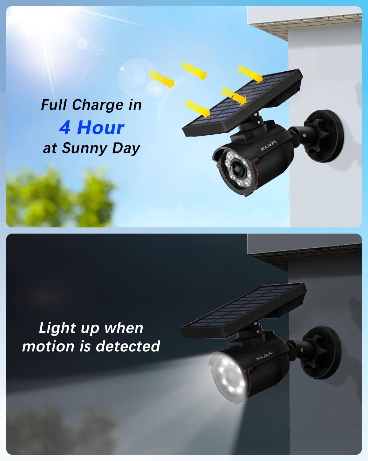 WEILAILIFE Solar Motion Sensor Light Outdoor Wireless Security Floodlight Fake Security Camera with LED Spotlights Waterproof 800 Lumen Bright Exterior Light (Black 2 Pack)