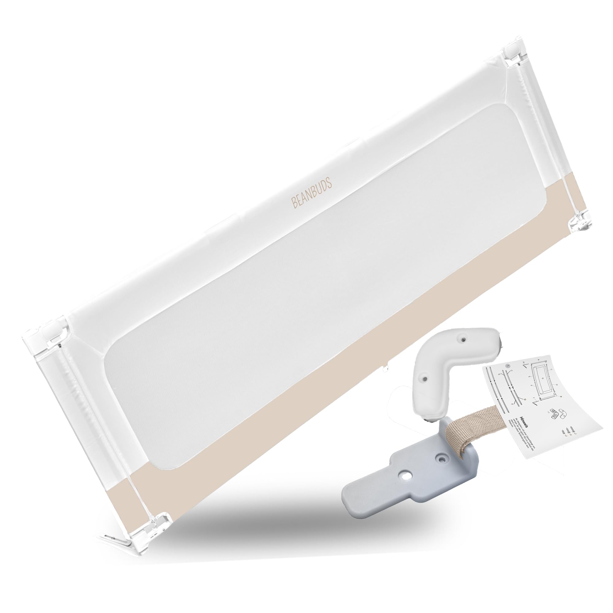 BEANBUDS® Bed Rail Fall Protection 180 cm [1 Side] - Bed Guard Slatted Frame & Box Spring Bed - Baby Grid Protection Parent's Bed & Cot - Includes Strap for Attachment - Fall Protection Bed, Beige 180cm beige