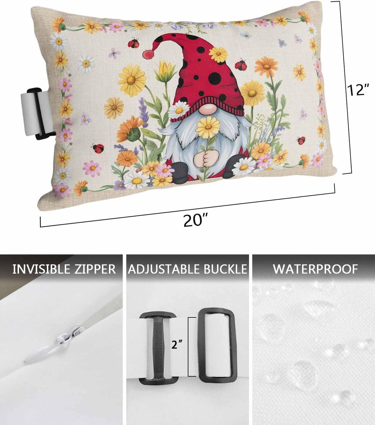 Throw Pillow Covers with Strap, Ladybug Gnome Daisy Flowers Spring Summer Vintage Farmhouse Floral Outdoor Water-resistant Throw Pillow Covers with Strap for Sofas, Cars and Seaside, 2pcs-12"X20"