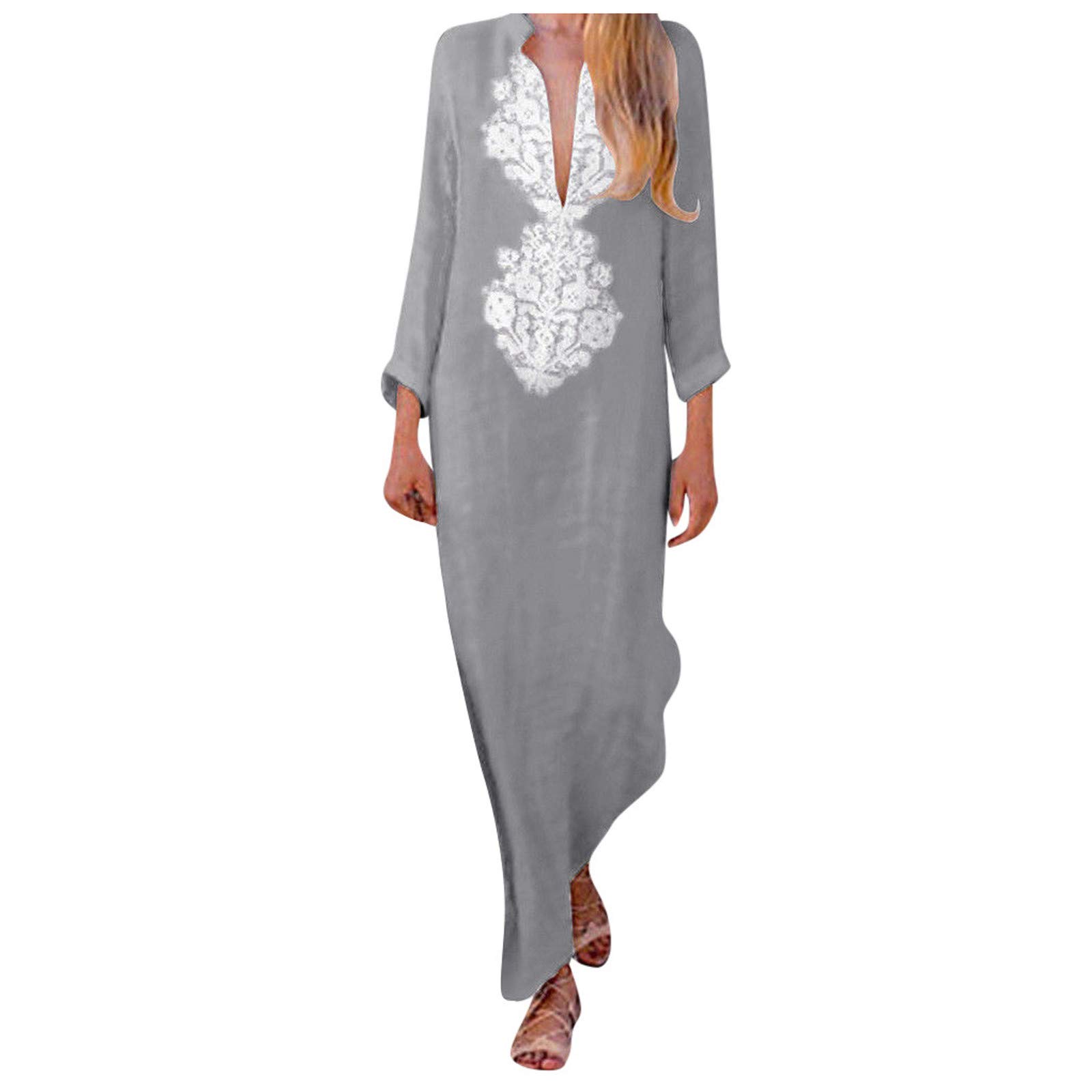 VEMOW Vestido Largo de Manga Larga Estampado de Moda para Mujer Talla Grande, Bohemio Vestido de Verano Casual Playa Largos Verano Boho Falda Larga Maxi Playeros Noche Vacaciones