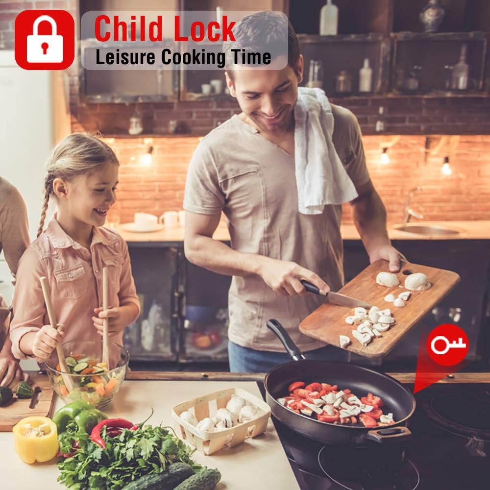 A family cooking together, with a child lock icon indicating safety. A father and daughter are preparing food in a kitchen with the ECOTOUCH induction cooktop visible.