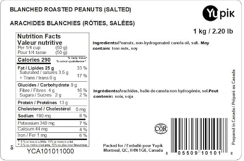 Yupik Blanched Roasted Salted Peanuts, 1 kg, Kosher, Vegan, Skinless, Crunchy Nuts, Seasoned Nuts, Source of Fiber, Protein Snacks, Savory Snacks