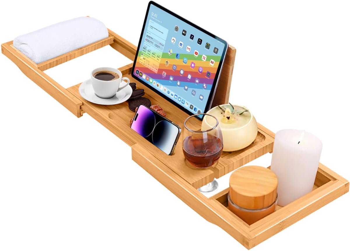 BAMBOO QUEEN Bath Tray Bathtub Caddy with iPad Stand and Wine Glass