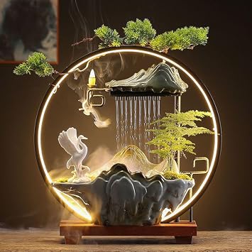 Tabletop Water Fountains Indoor Waterfall Fountain with Mist LED Light Feng Shui Wealth Desk Fountain with Backflow Incense Holder Zen Decor for Meditation Crane