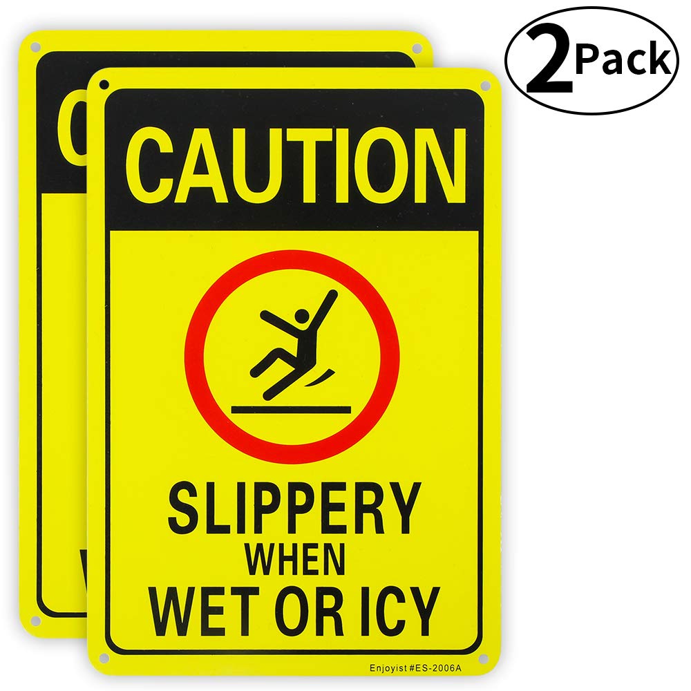 2 Pack Caution Slippery When Wet or ICY Sign, 10"x 7" .04" Aluminum Sign Rust Free Aluminum-UV Protected and Weatherproof