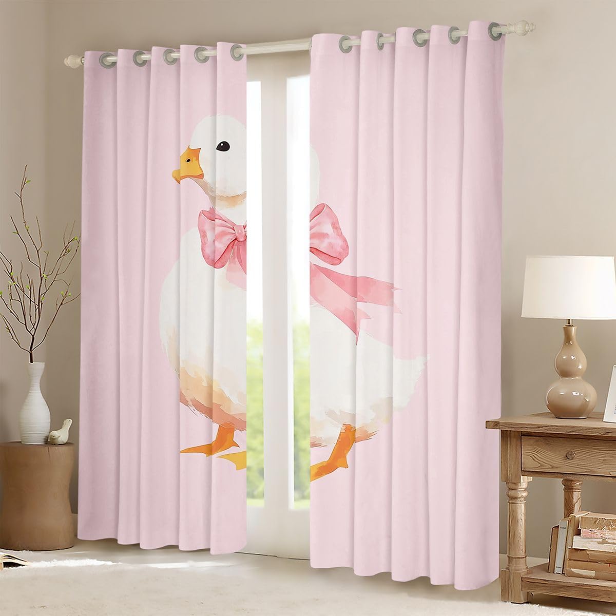 Feelyou Cute Goose Curtains for Bedroom Living Room Pink Bow Blackout Shades Goose Lover Gifts Room Darkening Curtain Cartoon Animal Pet Window Treatments, 2 Panels 38 x 45 Inch Decor image 2