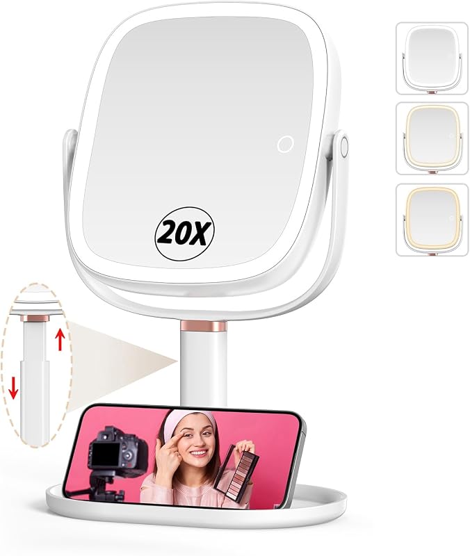 Espelho para maquiagem Mocado com luz, ampliação 1X/20X e base organizadora
