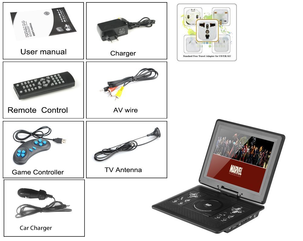BW Lettore Dvd Portatile da 12,1 Pollici, Controller di Gioco, Telecomando, Caricatore da Auto, Schermo Girevole, Antenna
