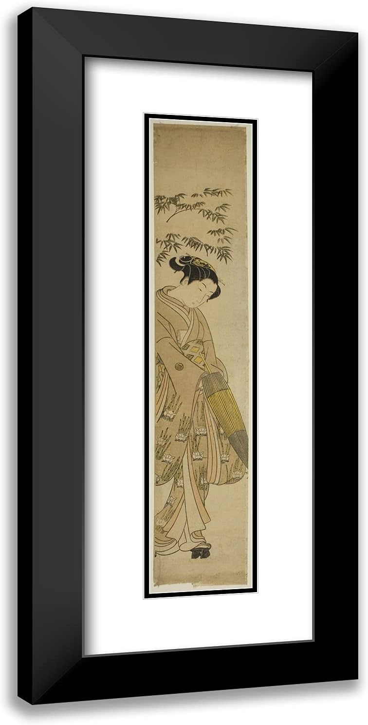 ArtDirect Suzuki Harunobu 11x24 Black Modern Framed and Double Matted Art Print Titled Young Woman Walking in Snow