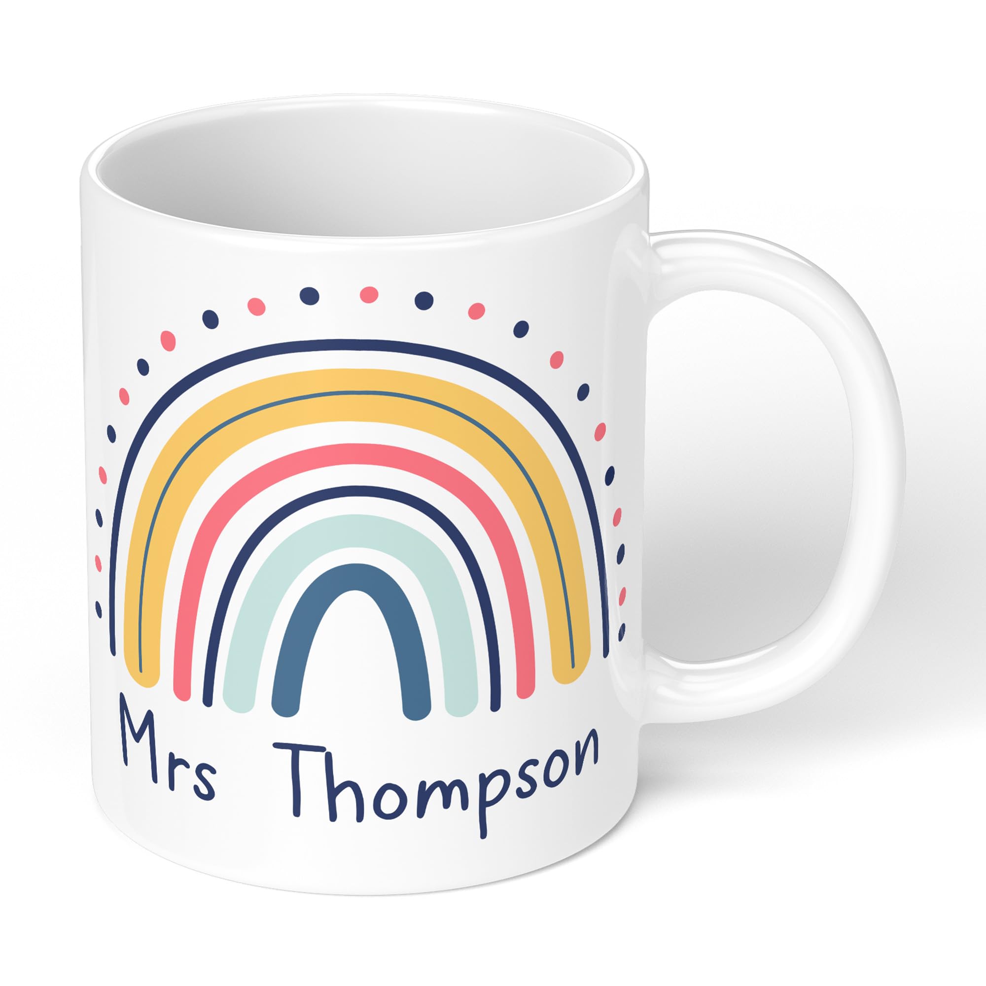 Print Maniacs Teacher Gift Personalised Mug with Name – Rainbow Design – Thank You Teacher Mug – Custom Teacher Coffee Cup – End of Term, Christmas, Leaving Gift for Teachers – 11oz Ceramic