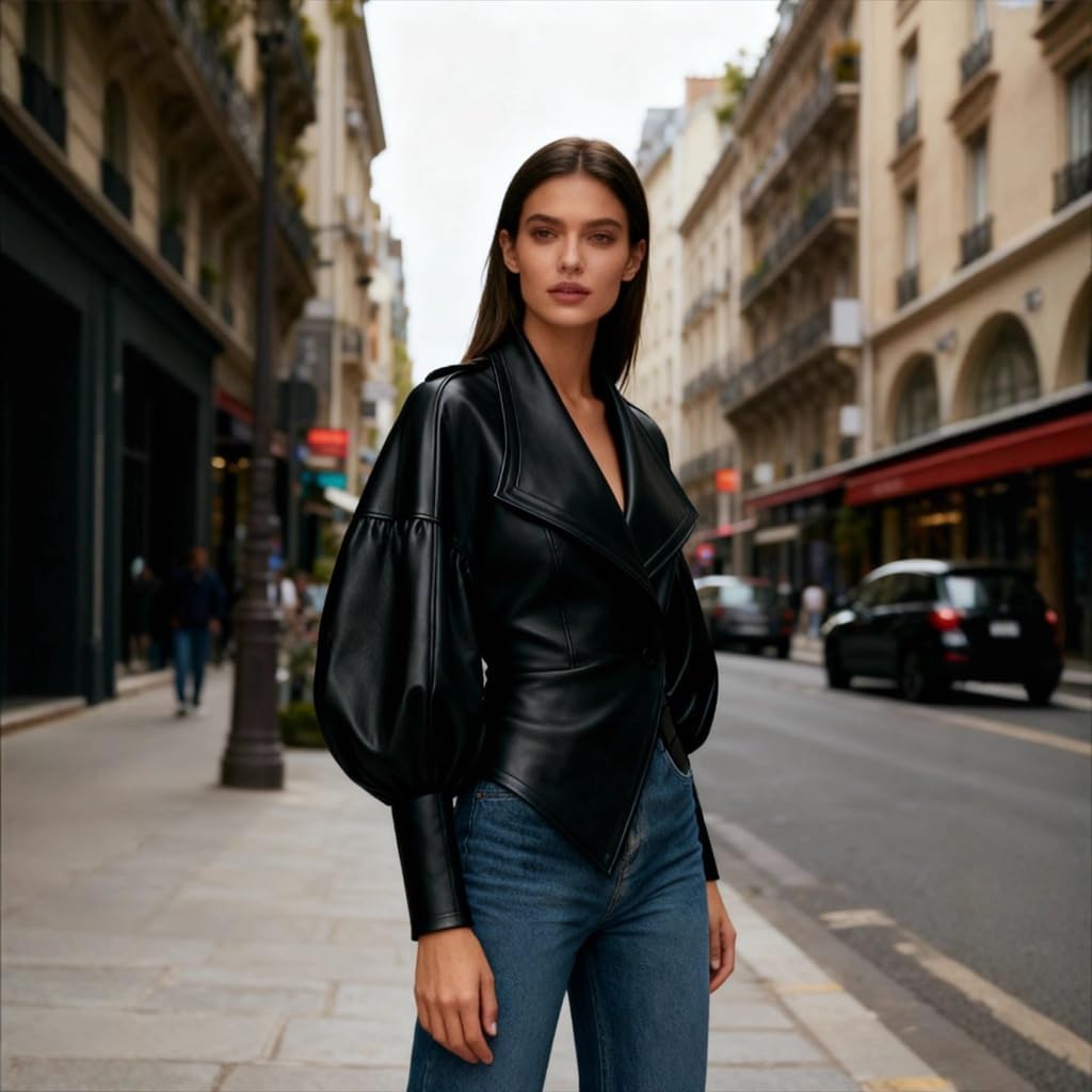 Cropped Leather Jacket Women Puff Sleeve Lapel Single Button Leather Bomber Jacket Women 2026